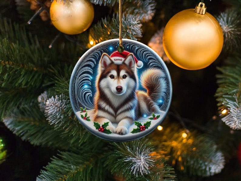 Personalized Husky Ornament, Ceramic Dog Keepsake | Two-Sided Sublimation | Brown White Pet Decor | Christmas Tree Gift image 3
