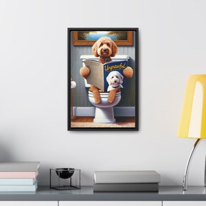 bathroom wall art,dog bathroom art,dog on toilet,doodle,doodle art,doodle on toilet,funny bathroom art,funny dog portrait,goldendoodle,goldendoodle art,goldendoodle gifts,pet illustration,wall art