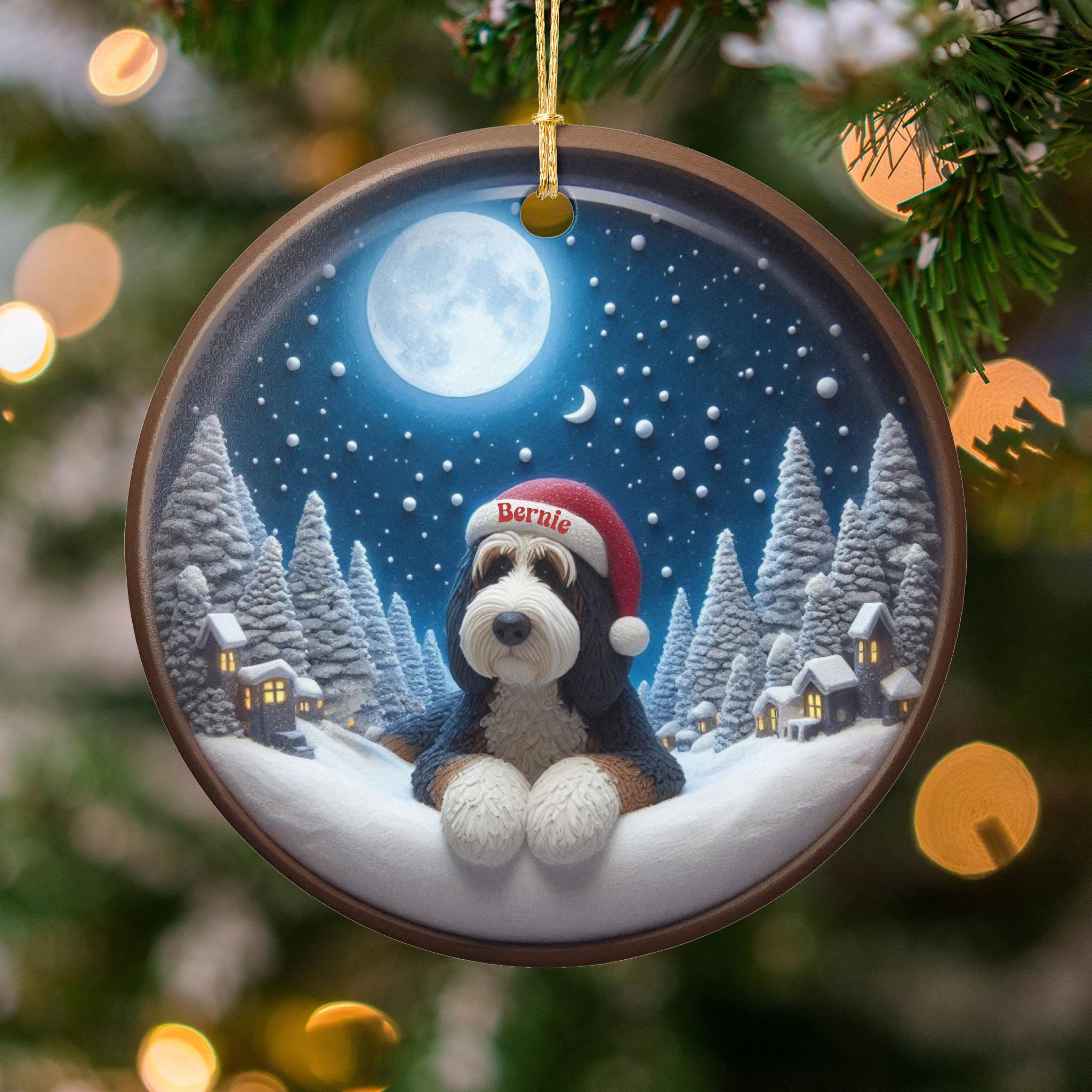 Bernedoodle Ornament, Santa Hat Ceramic | Sublimation Print | Personalized Winter Keepsake, 3 Inch