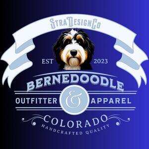 May include: A logo design featuring a Bernedoodle dog illustration. The design includes the text "Stra Design Co," "Est 2023," "Bernedoodle Outfitter & Apparel," and "Colorado Handcrafted Quality" on a blue gradient background.