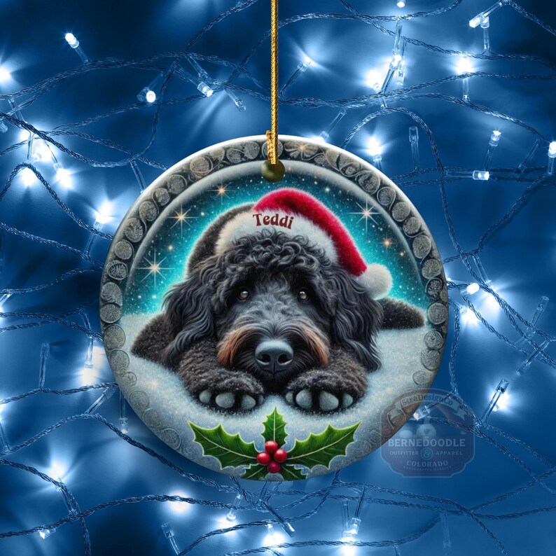 Black goldendoodle ceramic ornament with two sided design.  Black golden doodle , black bernedoodle dog decor.