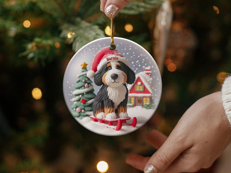 Bernedoodle-ornament, sneeuwbol-stijl met slee-ontwerp | Sublimatiekeramiek | 7,6 cm glanzend aandenken, dubbelzijdige kerstdecoratie afbeelding 9
