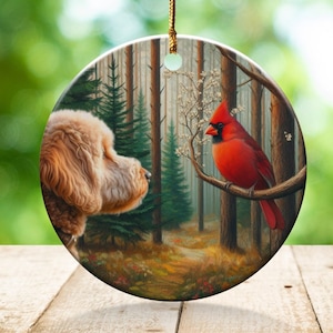 Cardinal and Goldendoodle Ceramic Ornament, Stained Glass Design, Cardinal gift, Mothers Day Gift, Bird Lovers Gift, Custom stained glass look, cardinal