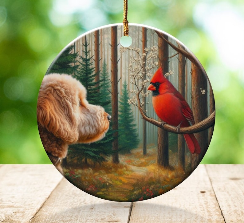 Cardinal and Goldendoodle Ceramic Ornament, Stained Glass Design, Cardinal gift, Mothers Day Gift, Bird Lovers Gift, Custom stained glass look, cardinal