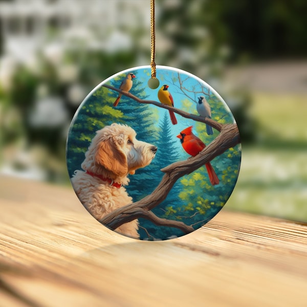 Cardinal and Goldendoodle Ceramic Ornament, Oil Paint Style Design, Cardinal Lovers Gift, Mothers Day, Bird Lovers, Doodle Mom Gift Ornament
