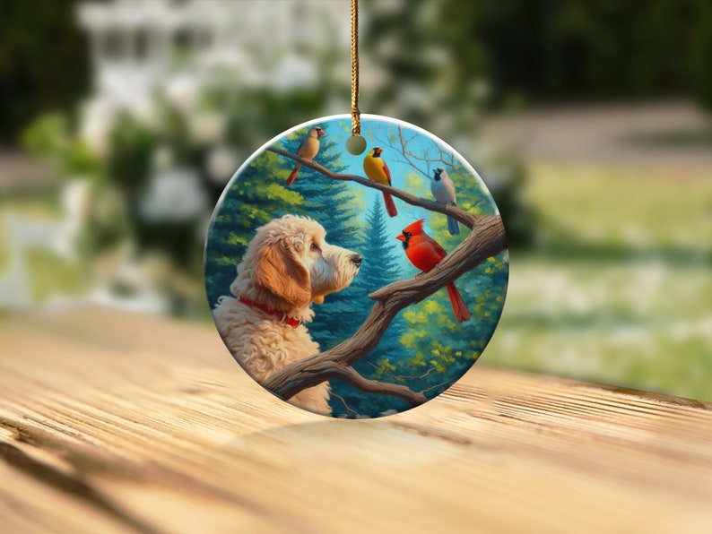Keramikornament mit Kardinal und Goldendoodle, Design im Ölgemälde-Stil, Geschenk für Kardinalliebhaber, Muttertag, Vogelliebhaber, Geschenk für Doodle-Mütter Bild 1