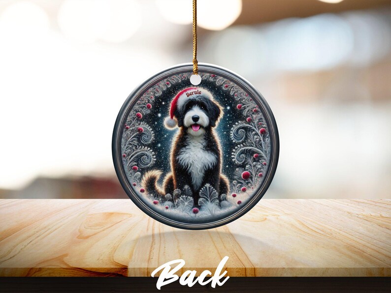 Dog Ornament Holiday, Personalized Bernedoodle Keepsake | Ceramic | Two-Sided Sublimation Print, Gold Hanger image 9
