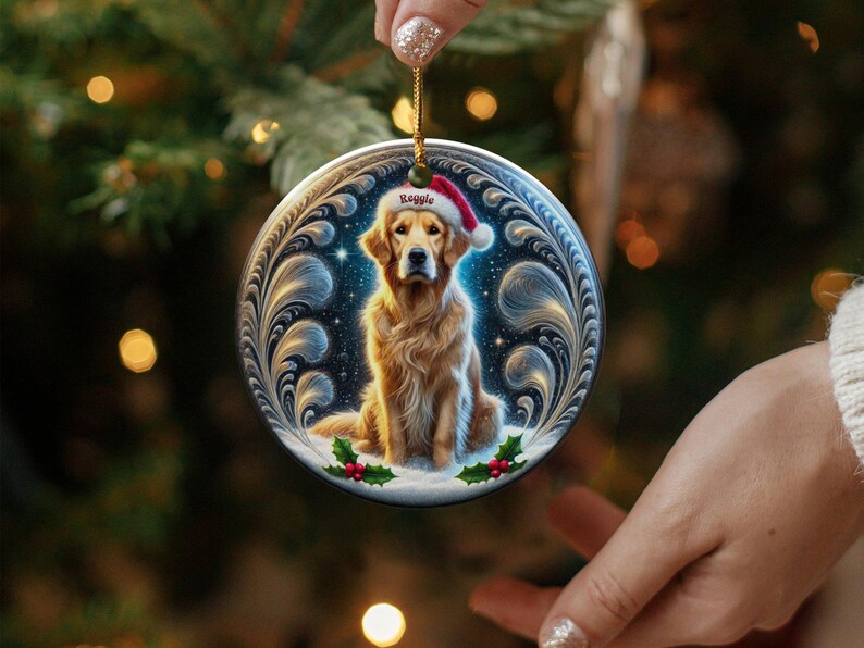 Golden Retriever Christmas Ornament, Holiday Tree Decor | Sublimation Flat Ceramic | Two Sided Print, Pet Lover Gift image 3