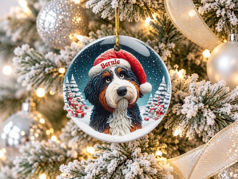 May include: A round ceramic Christmas ornament featuring a Bernese Mountain Dog wearing a red Santa hat with the name Bernie printed on the brim. The dog is set against a snowy winter landscape with pine trees and small gift boxes.