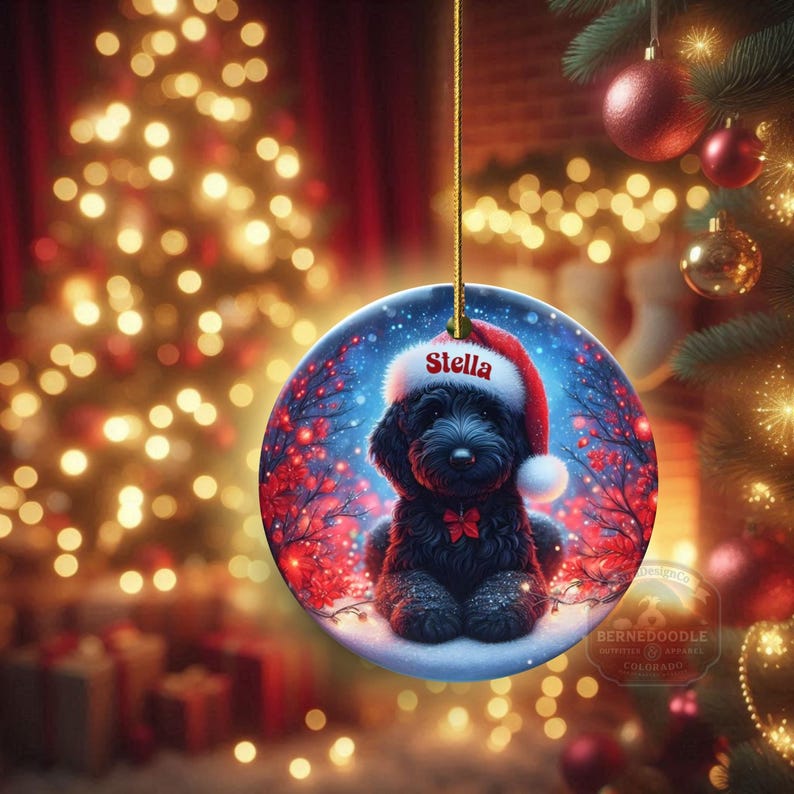 Capture the magic of the season with this adorable black Goldendoodle puppy wearing a festive Santa hat, surrounded by glowing red berries and twinkling snowflakes! Perfect personalized Christmas tree ornament for doodle parents. Add your dog's name (like "Stella") for a heartfelt touch. High-quality ceramic, vibrant print, gold string included. Ideal dog mom/dad gift, stocking stuffer, or memorial keepsake. Handmade holiday charm!