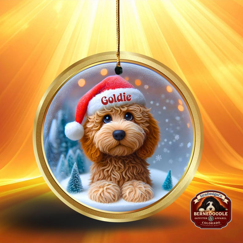 Goldendoodle ceramic 3 inch ornament in vibrant color and claymation style design.  Full gloss and printed on both sides.  It's hung with a gold string.