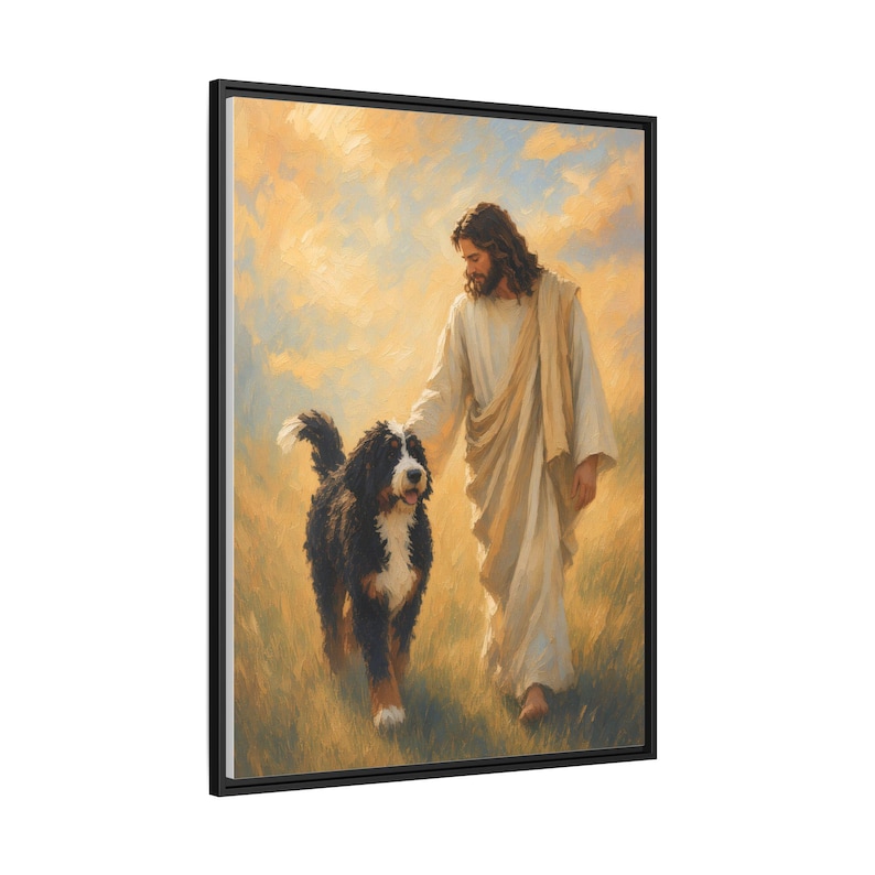 Jesus With Bernedoodle Framed Canvas image 1
