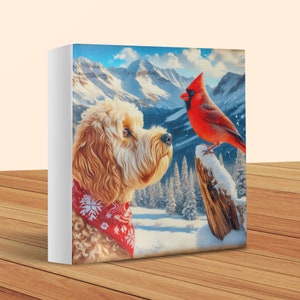 Doodle Dog and Cardinal Art Canvas, Pet Lover Gift image 1