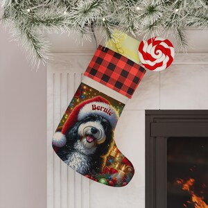 Personalized Bernedoodle stocking hanging above fireplace with plaid accent.