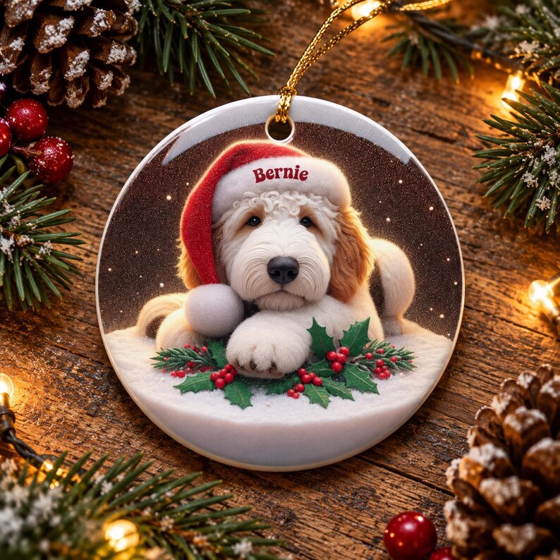 May include: A round ceramic Christmas ornament featuring a fluffy white and tan dog wearing a red Santa hat with the name Bernie printed on the brim. The dog rests on a snowy surface decorated with green holly leaves and red berries.