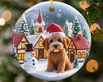 Personalized Goldendoodle Snow Globe Themed Ceramic Ornament Design is Printed on Both Sides