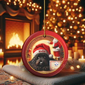 This ceramic ornament features a cute black goldendoodle (or Labradoodle)...Or black bernedoodle dog wearing a Santa hat and being on their best behavior for Santa, surrounded by holiday decorations.  Three inch ceramic dog ornament with a black bernedoodle black golden doodle black goldendoodle dog wearing a santa hat on this cute dog ornament gift.  Perfect ornament for a dog person, dog lover, doodle mom or doodle dad.
