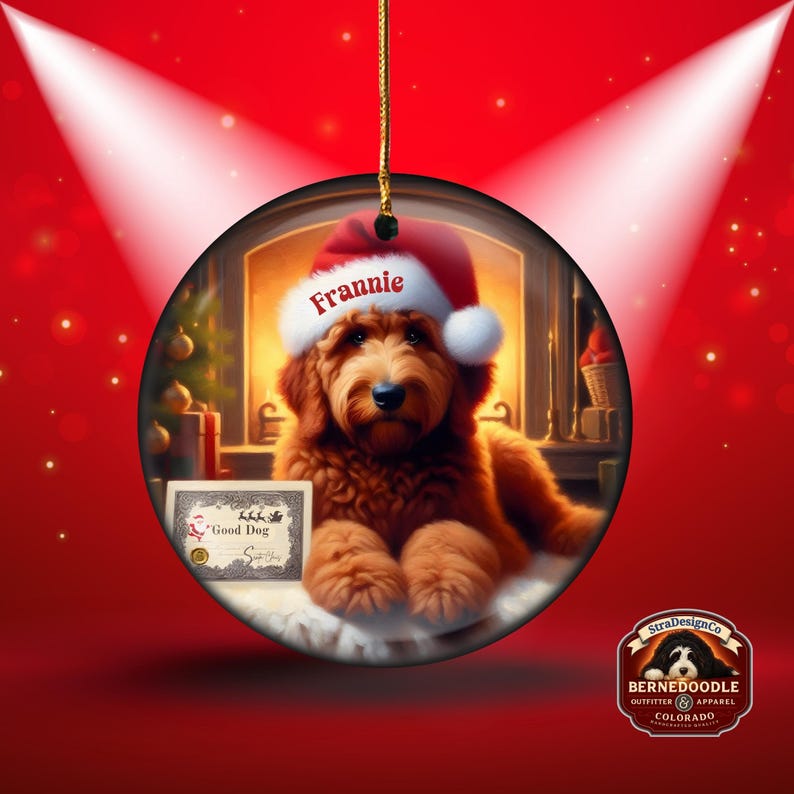Pu&ograve; includere: Ornamento natalizio rotondo con un cane marrone che indossa un cappello da Babbo Natale con il nome "Frannie". L'ornamento ha un cordino dorato per appenderlo e include un certificato "Good Dog". Lo sfondo mostra un camino e decorazioni natalizie.