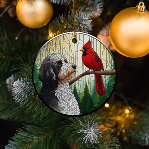 Cardinal and Bernedoodle Dog Ceramic Ornament, Oil Paint Style Design, Cardinal Lovers Gift, Mothers Day Gifts Bird Lovers Dog Mom Ornament