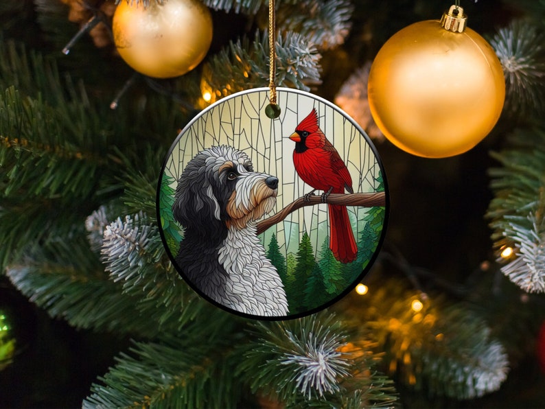 Cardinal and Bernedoodle Dog Ceramic Ornament, Oil Paint Style Design, Cardinal Lovers Gift, Mothers Day Gifts Bird Lovers Dog Mom Ornament