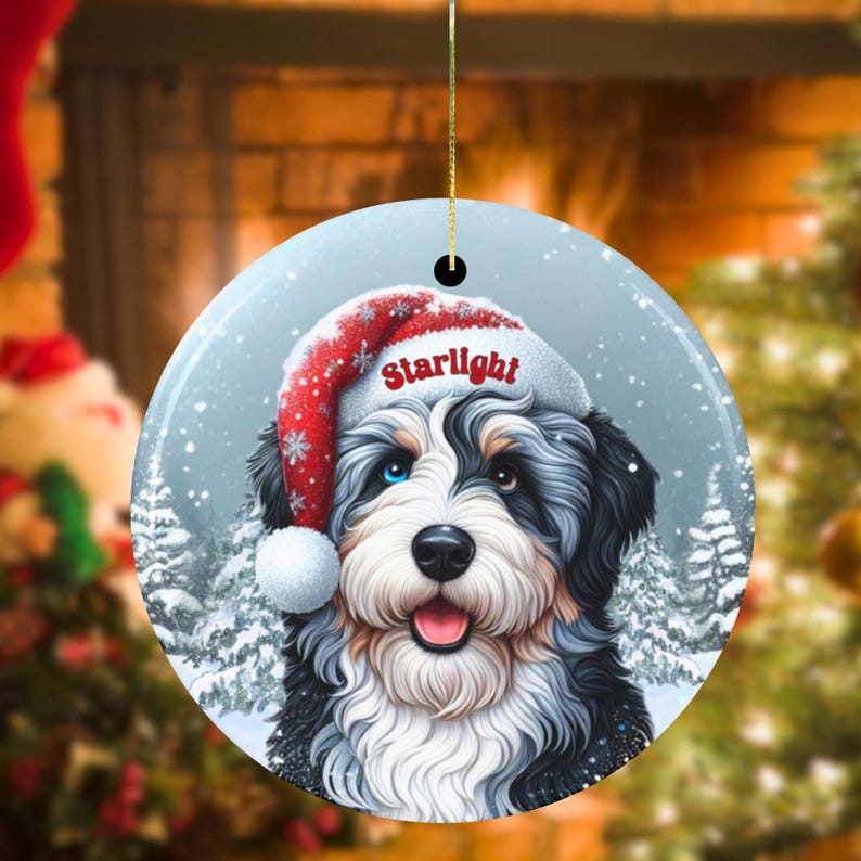May include: Round Christmas ornament featuring a dog wearing a Santa hat with the word "Starlight". The dog has black, white, and gray fur, with one blue eye and one brown eye. The background shows a snowy forest.