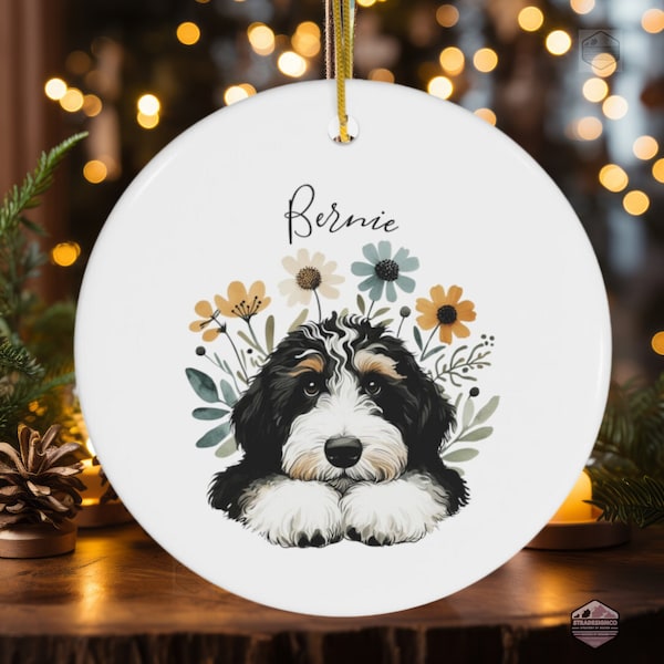 Custom Bernedoodle, Wildflower Ceramic Ornament | Sublimation Printed | Round Pet Keepsake