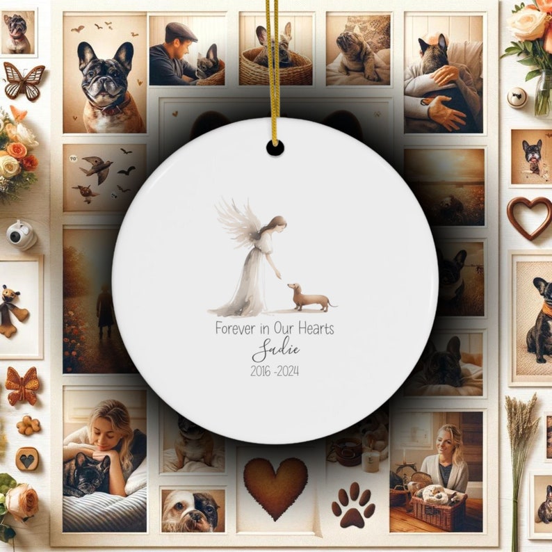 Personalized Doxie Dachshund Tribute ornament, Memorial Watercolor Design, Pet's Name Gift, Custom Pet Name Gift, Personalized Pet Tribute Ceramic Ornament, Pet Loss Gift