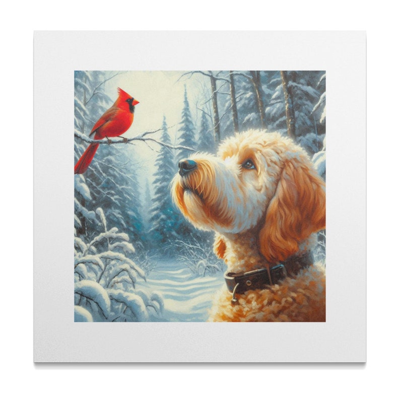 Bernedoodle- und Kardinal-Winter-Leinwandbild, Geschenk für Hundeliebhaber Bild 9