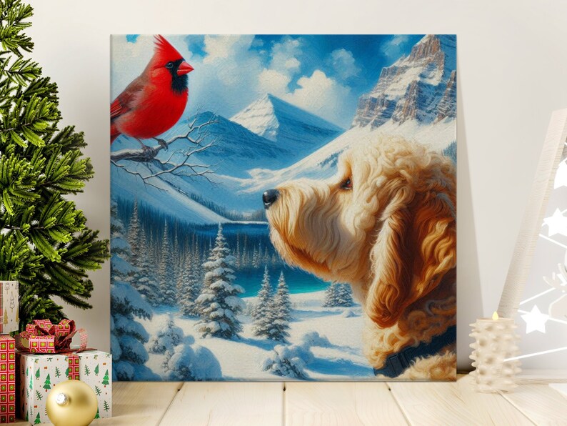 Doodle Dog and Cardinal Canvas Art, Winter Scene image 8