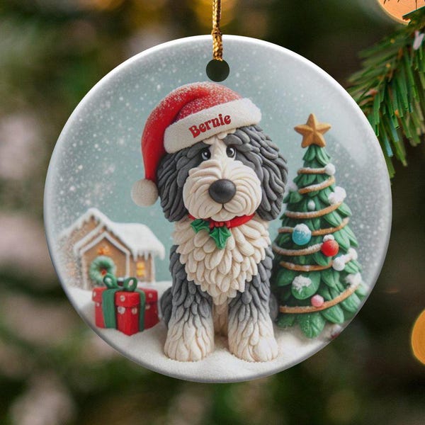 Custom Dog Ornament, Sheepadoodle Keepsake Shiny Flat | Sublimation | 3 Inch Ceramic Gift