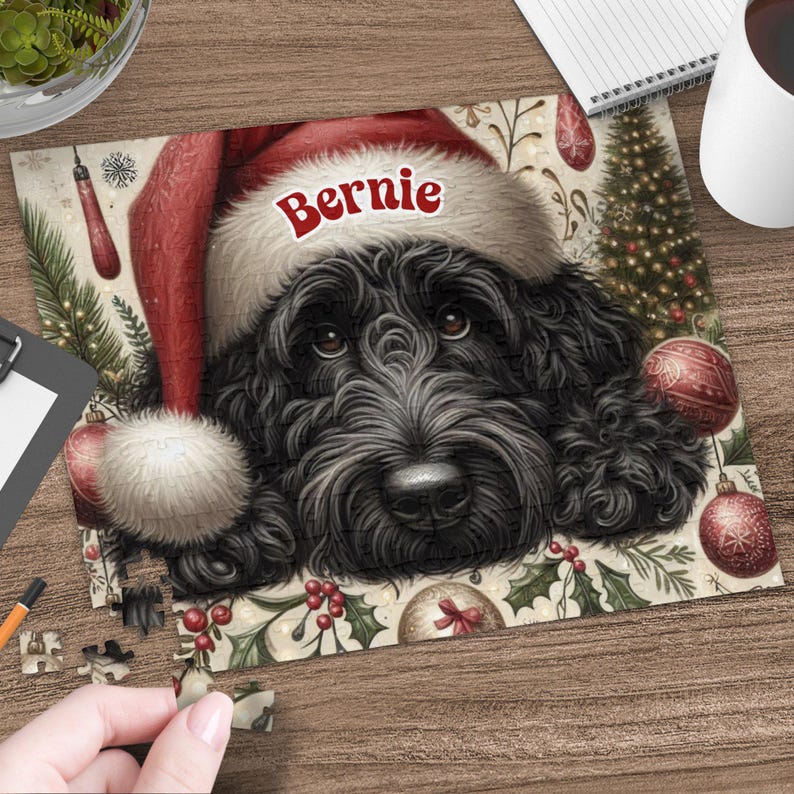 Rompecabezas navideño personalizado de perro Black Doodle, regalo festivo para mascotas imagen 7