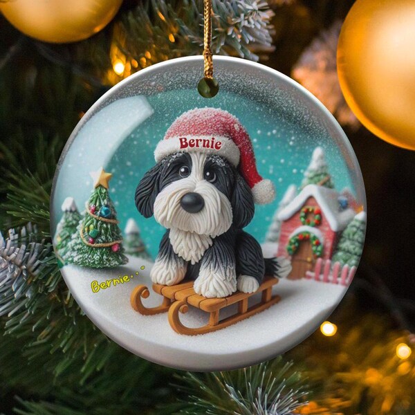 Bernedoodle Sledding Ceramic Ornament, Double-Sided Sublimation Art | 3 Inch Holiday Tree Decor | Dog Lover Keepsake Gift