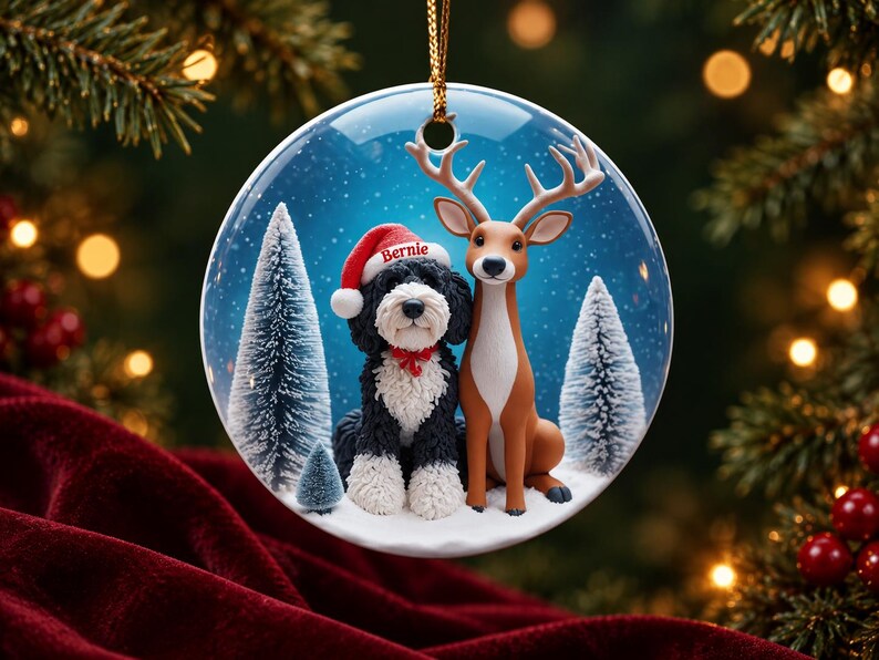 May include: A round ceramic Christmas ornament featuring a black and white dog wearing a red Santa hat with the name Bernie printed on it, sitting next to a brown deer. The scene includes snowy ground and small pine trees against a blue background.