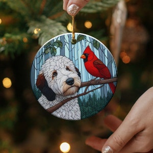 Cardinal and Goldendoodle Ceramic Ornament, Oil Paint Style Design, Cardinal Lovers Gift, Mothers Day, Bird Lover, Red Cardinal and Dog Gift