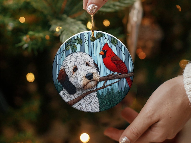 Cardinal and Goldendoodle Ceramic Ornament, Oil Paint Style Design, Cardinal Lovers Gift, Mothers Day, Bird Lover, Red Cardinal and Dog Gift