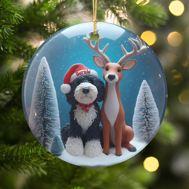 Personalized Christmas Ornament, Dog and Reindeer Decoration, Custom Holiday Gift, Unique Xmas Tree Decor, Festive Pet Keepsake
