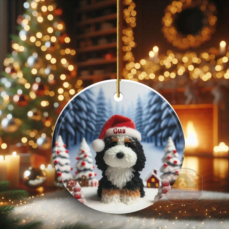 Kerstornament, Bernedoodle aandenken - Sublimatie glanzend keramiek - Kerstmuts met naam, Kerstboomdecoratie met huisdierthema, cadeau afbeelding 4