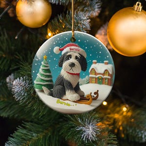 Festive Dog On, Bernedoodle Sledding Ornament | Ceramic Sublimation | 3 Inch Snow Globe Style Bild 2