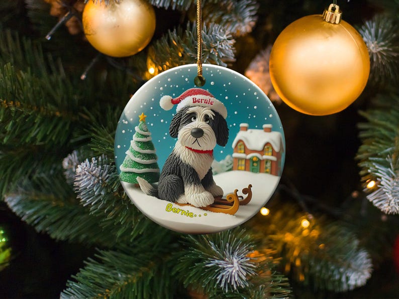 Festive Dog On, Bernedoodle Sledding Ornament | Ceramic Sublimation | 3 Inch Snow Globe Style Bild 2