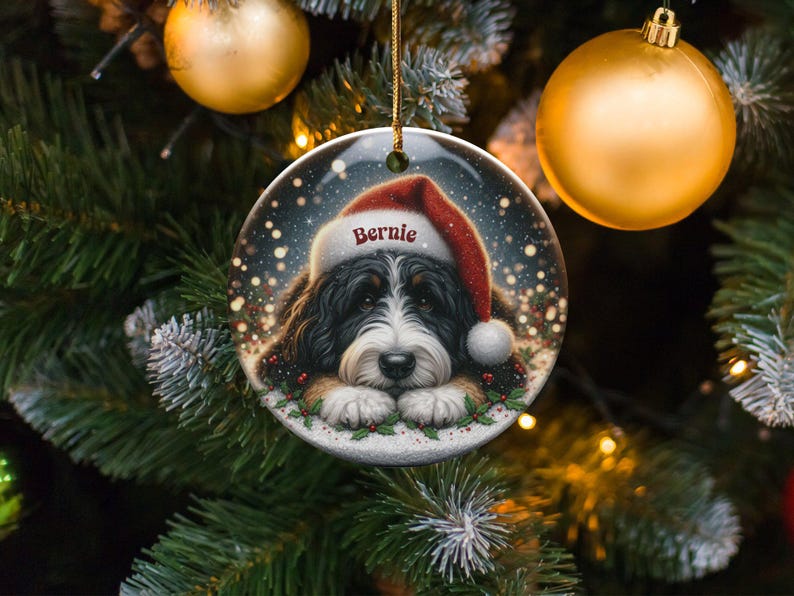 Custom Pet Ornament - Bernedoodle Santa Hat Pup, Two Sided Sublimation (3 Inch Round, Ceramic Keepsake) image 2