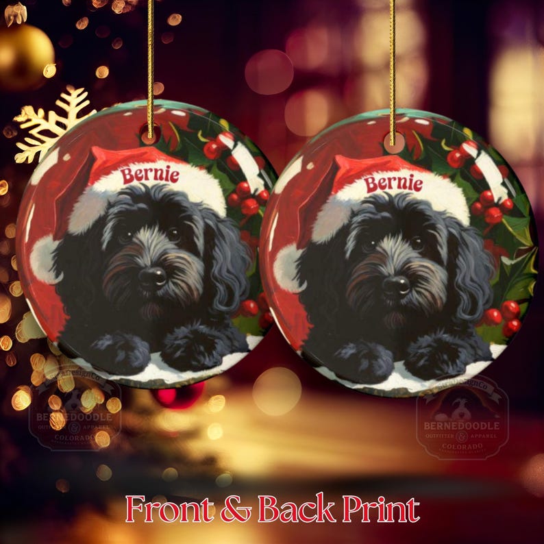 A black bernedoodle dog wearing a santa hat that is personalized with their name on it in this adorable Ceramic ornament!  Design appears on the front and the back of this doodle dog ornament!