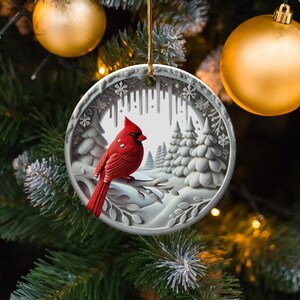 Ornement de Noël Cardinal : Scène d'hiver en céramique de collection image 4