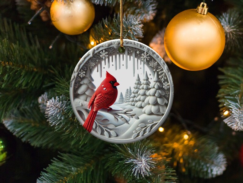 Ornement de Noël Cardinal : Scène d'hiver en céramique de collection image 4