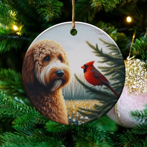Cardinal and Doodle Dog Ceramic Ornament, Oil Paint Style Design, Cardinal Lovers Gift, Mothers Day, Bird Lovers, Custom Crafted Design Gift