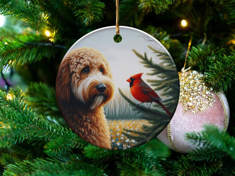 Cardinal and Doodle Dog Ceramic Ornament, Oil Paint Style Design, Cardinal Lovers Gift, Mothers Day, Bird Lovers, Custom Crafted Design Gift