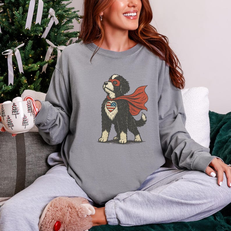 May include: Gray long-sleeve sweatshirt featuring a cartoon dog dressed as a superhero. The dog has a red cape, mask, and an American flag heart. The sweatshirt is a solid gray color.