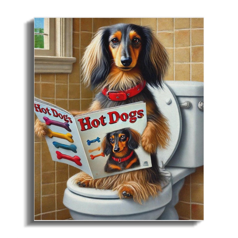 Dapple Dachshund on Toilet Canvas: Funny Bathroom Dog Art, 20x24 image 3