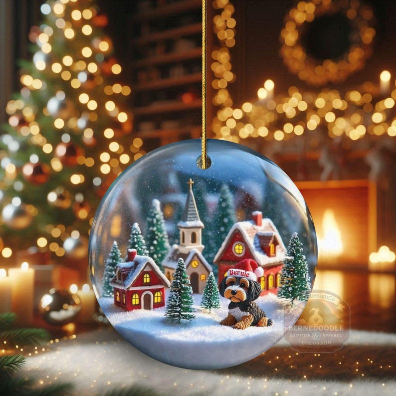 Snow globe style design personalized ceramic bernedoodle ornament with a warm backdrop Christmas dog ornament with festive winter scene.  Great gift idea for doodle moms and doodle dog lovers!