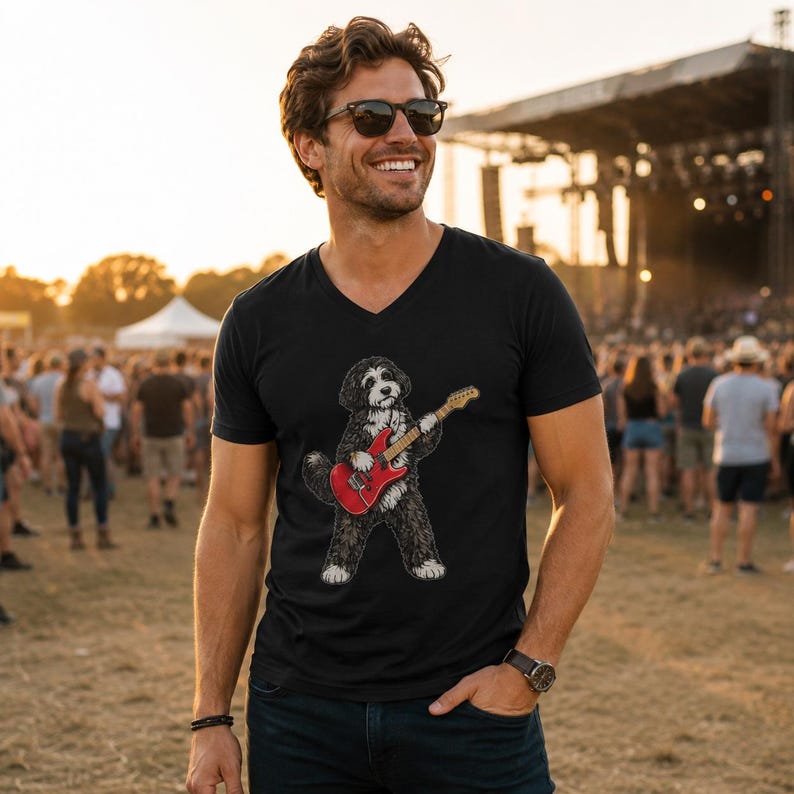 May include: A black V-neck t-shirt featuring a graphic illustration of a fluffy black and white dog playing a bright red electric guitar. The dog has a shaggy coat and is standing on its hind legs while holding the guitar with its front paws.