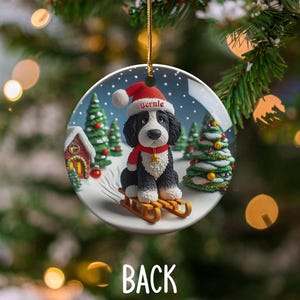Bernedoodle Ornament, Festive Dog Sled - Snow Globe Style (3 Inch Ceramic, Sublimation) immagine 4